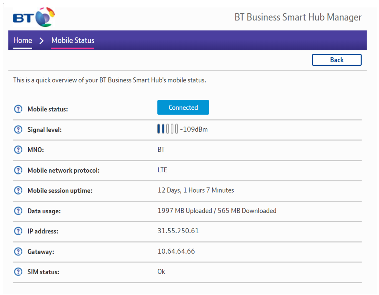 BT Business Smart Hub Manager status