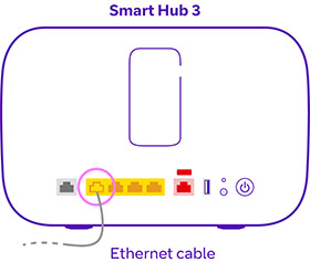 Plug in in the yellow Ethernet cable into the left hand yellow Ethernet port on the back of the hub.