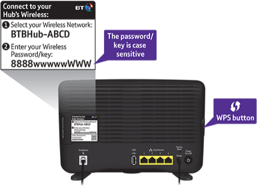 Connect to your Hub's Wireless by selecting your Wireless Nertwork, then entering your password or key which are case sensitive. The WPS button is on the side of the hub.