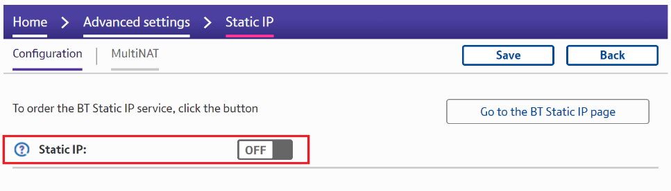 Switching on the toggle switch next to Static IP