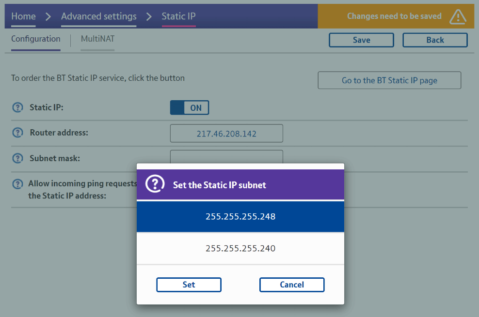 Static IP configuration screen showing the Static IP subnet being set