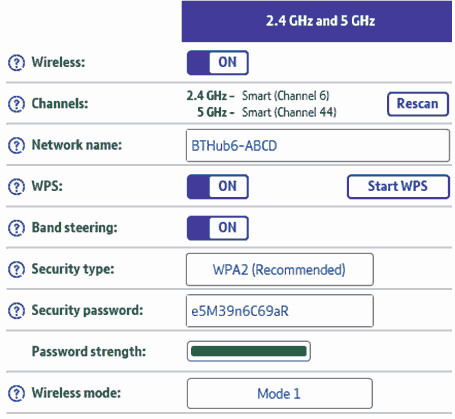 Screen shot of example wireless settings