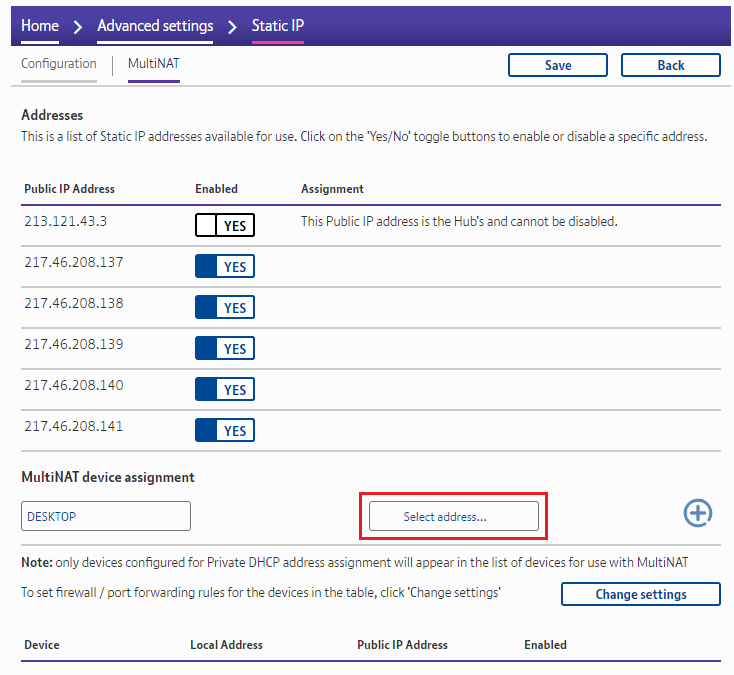 MultiNAT screen with Select Address field highlighted