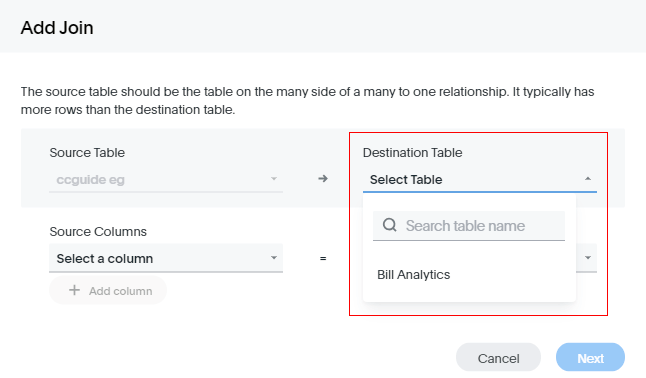 Select Add join and Destination Table as Bill Analytics