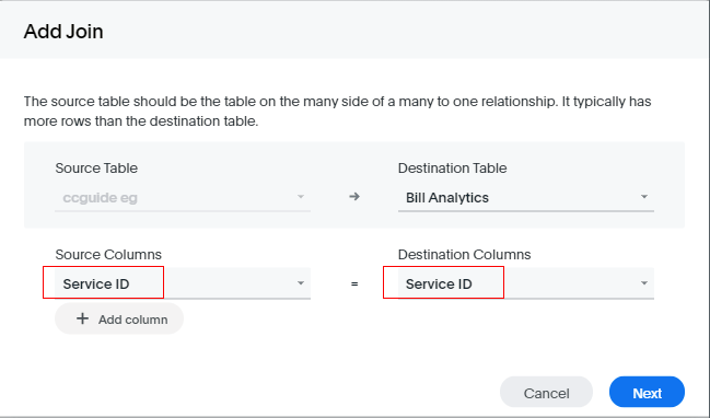 Select Service ID for the Source Column and Destination Column