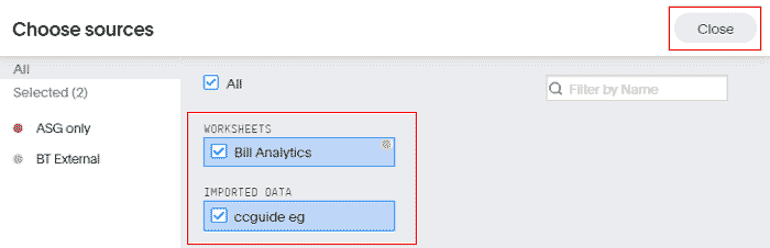 Select Choose sources and check both Worksheets and Imported Data