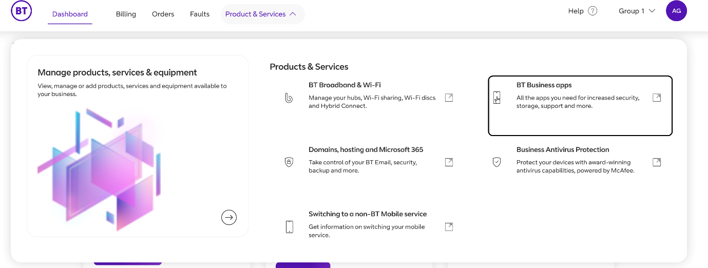 Screenshot of BT Business Apps selected on the dashboard.