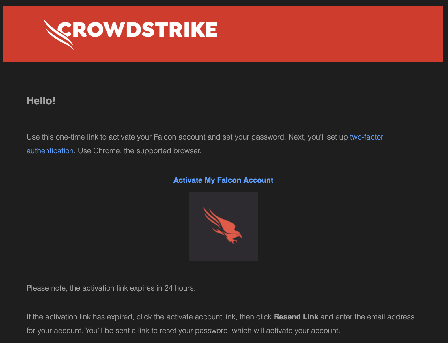 Screenshot of CrowdStrike email to activate Falcon Account.