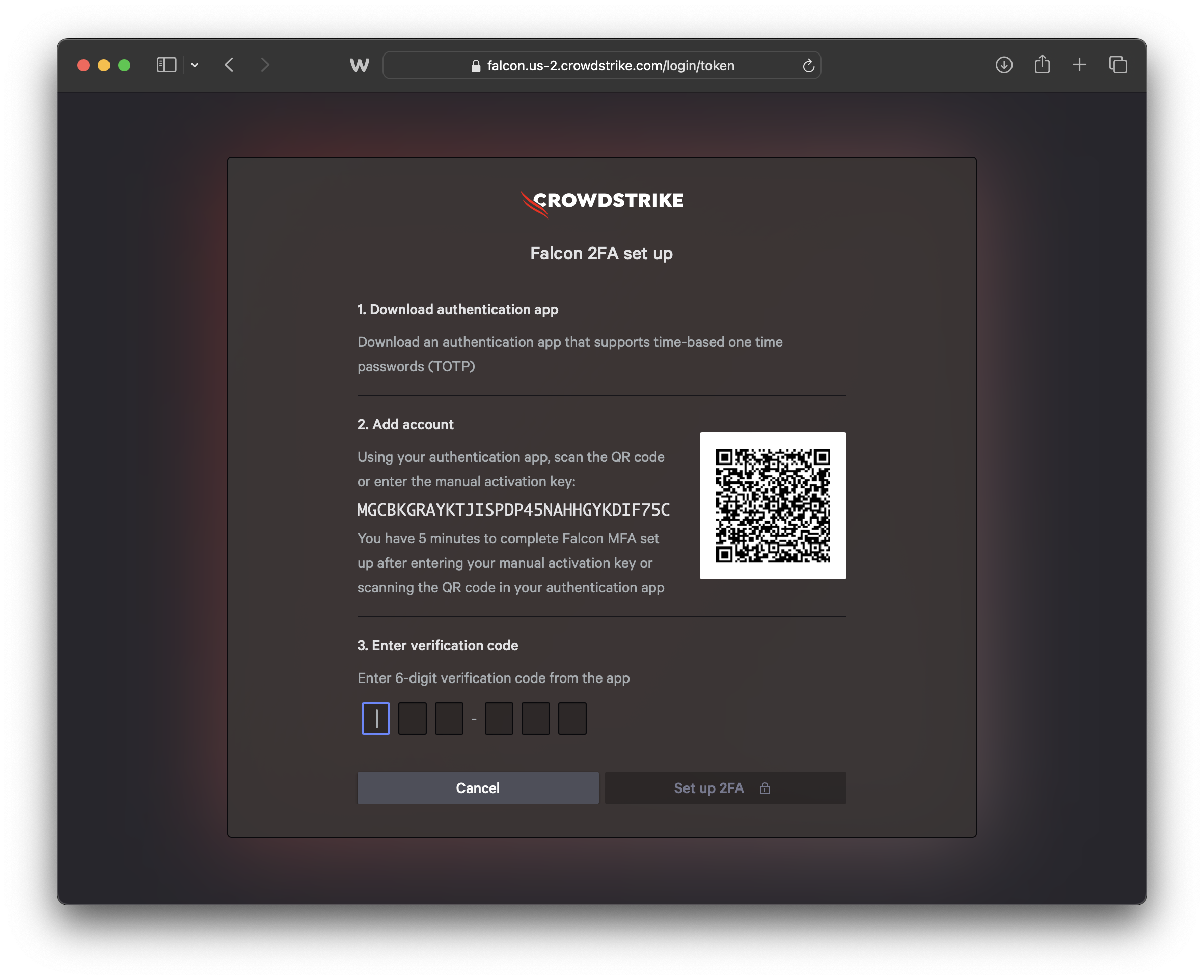 Screenshot of passcode prompt for 2 Factor Authentication.