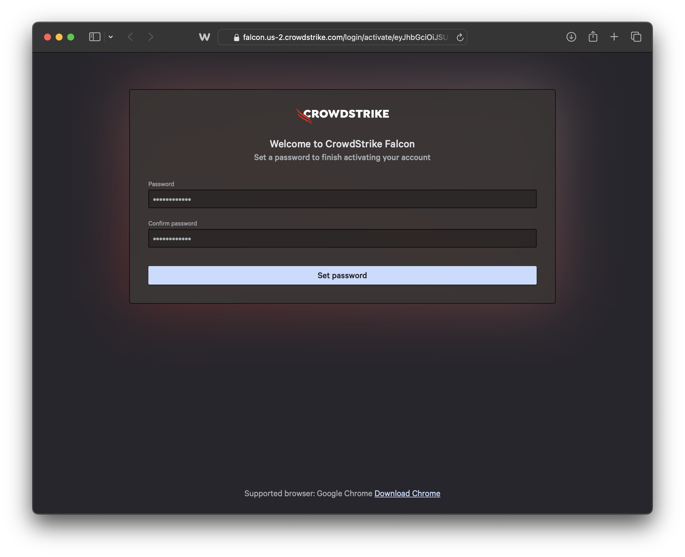 Screenshot of setting password.