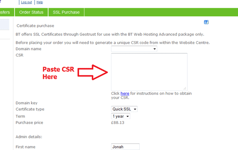 Private SSL Certificate purchase through BT Domains Centre