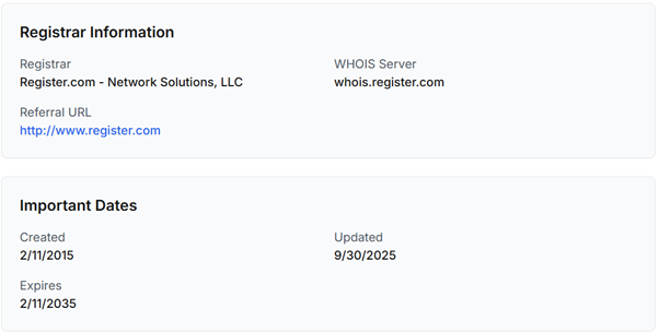 A screenshot of the what the Who.is tool might tell you. Includes registrar information and important dates such as the domain creation and expiry date, and when it was last updated.