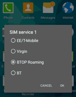 Selecting the BTOP roaming option on the SIM service pop-up screen