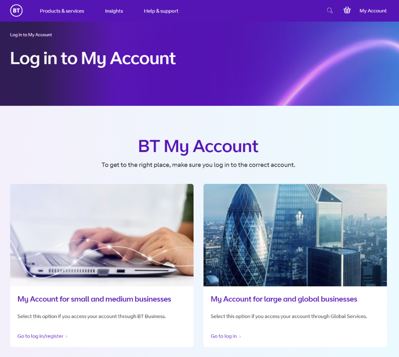 BT My Account log in page for either small businesses or large and global businesses.