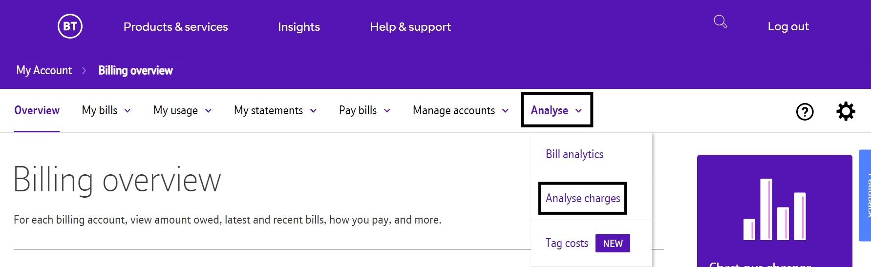 An image of analyse charges selected on My Account.
