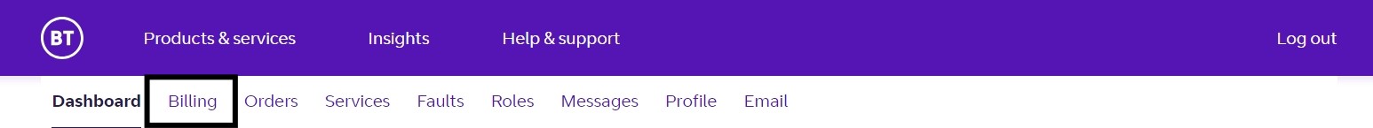 An image of billing selected on My Account.