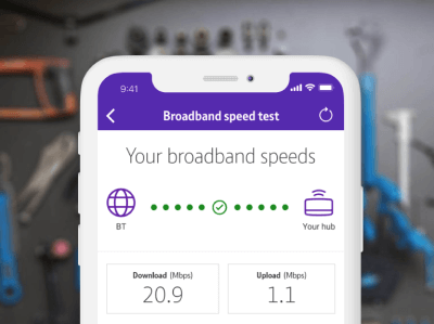BT Business app screenshot showing speed check page