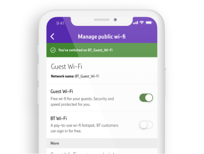 BT Business app screenshot showing sset up of free wi-fi for guests